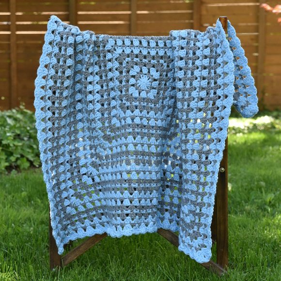 Handmade Crochet Blue and Grey Baby/Lap Blanket - Picture 1 of 5